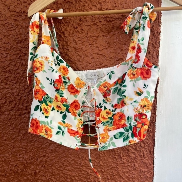 Wayf Tops - WAYF Floral Print Crop Top, Lace Front, Seamed Cups, Tie Straps, Small